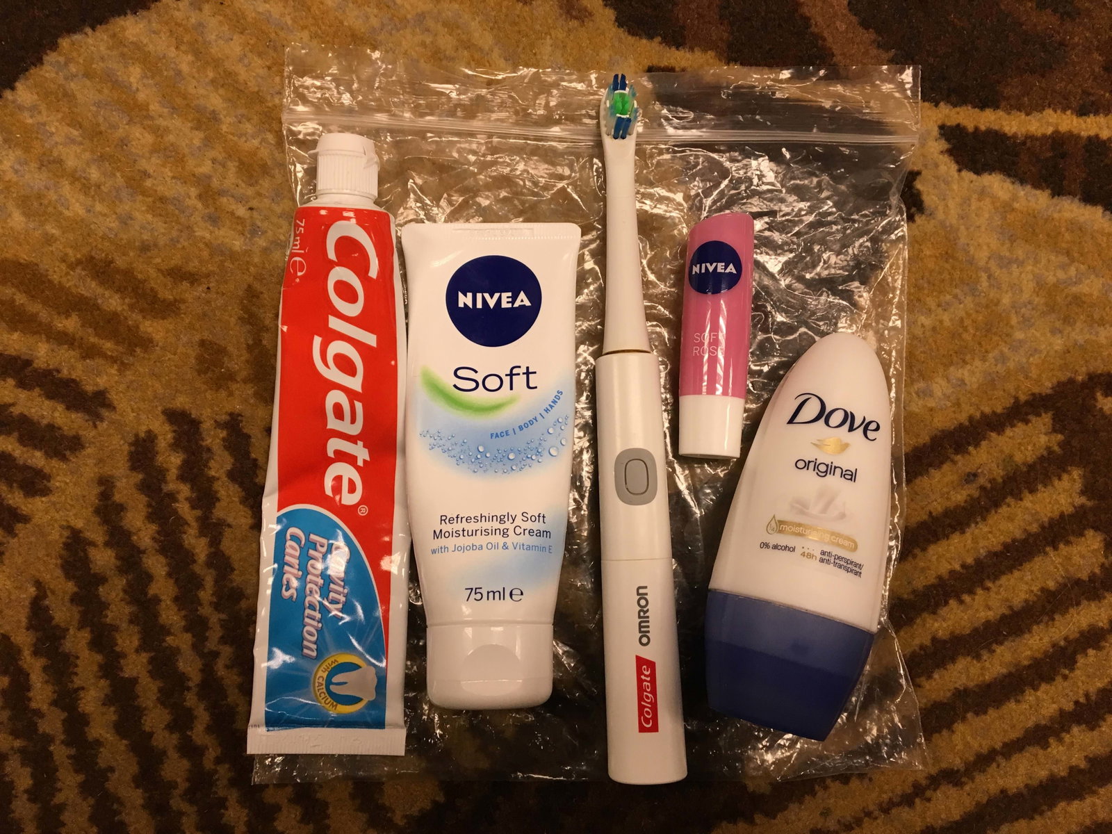 Toiletries on plastic bag
