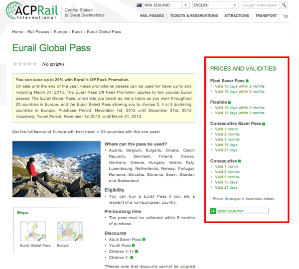 How to Book a Eurail Pass with ACPRail.com 4 Click any pass name to get a quick price, or hit the button at the bottom for more details.