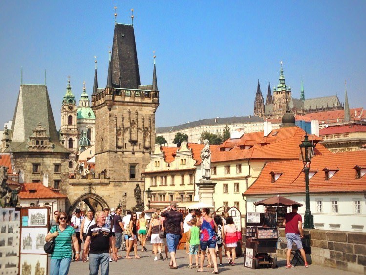 Travel in Prague and Vienna podcast 4 Charles Bridge in Prague Czech republic is always full of tourists.