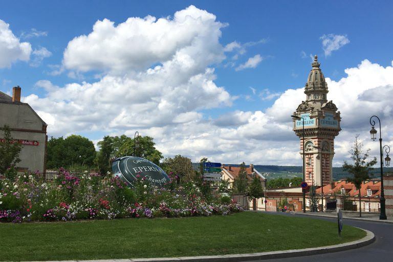 Epernay roundabout with tower Champagne France